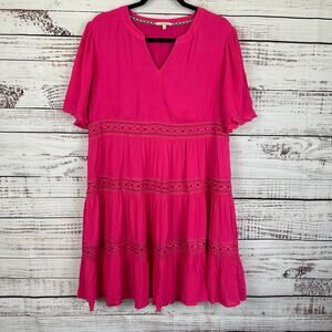 Women's Kate Sam Bright Pink Flowy Boho Tiered Ruffle Eyelet Midi Dress Size L
